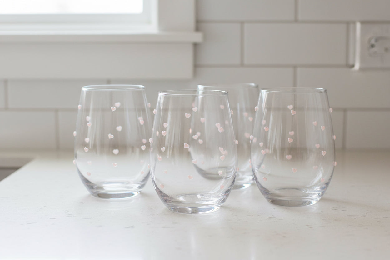Stemless Wine Glass w/ Pink Hearts 18oz