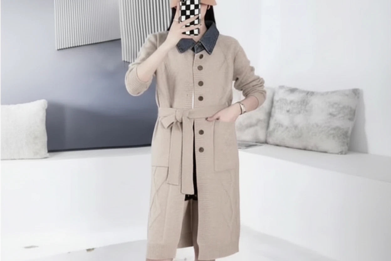 Belted Open-Knit Cardigan with Pockets