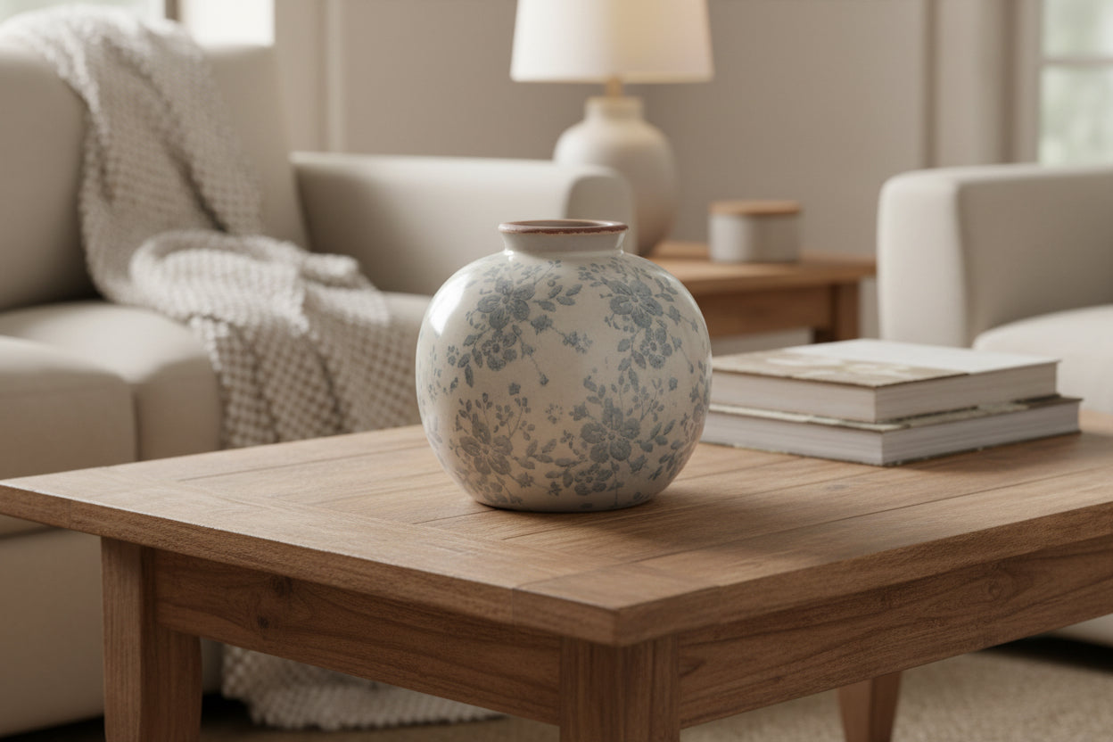ROUND VASE WITH BLUE FLORAL PATTERN