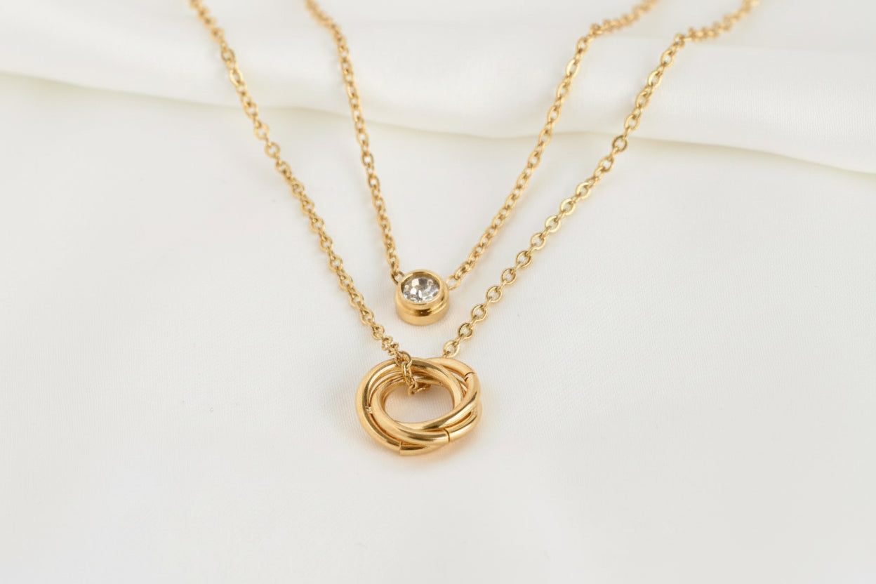 Circle and Bezel Necklace - Layered Bezel Diamond Pendant Gold