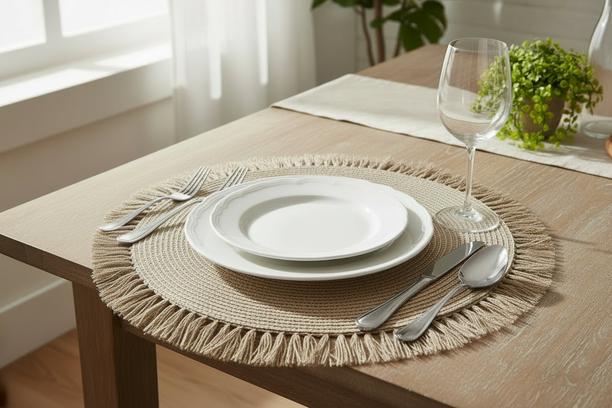 WOVEN ROUND PLACEMAT WITH FRINGES SET OF 4 15 X 15 X 0.08