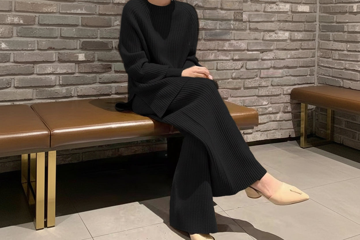 Solid Color Ribbed Sweater & Pants Set