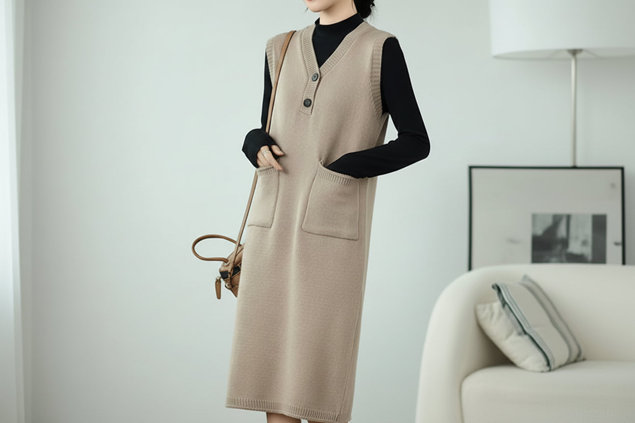 V-Neck Sleeveless Loose Sweater Dress