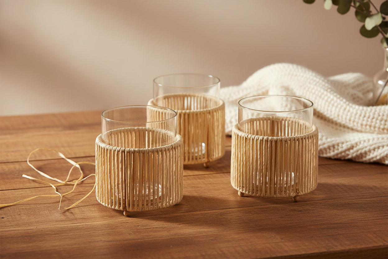 Glass Candle Holder with Metal and Raffi Base