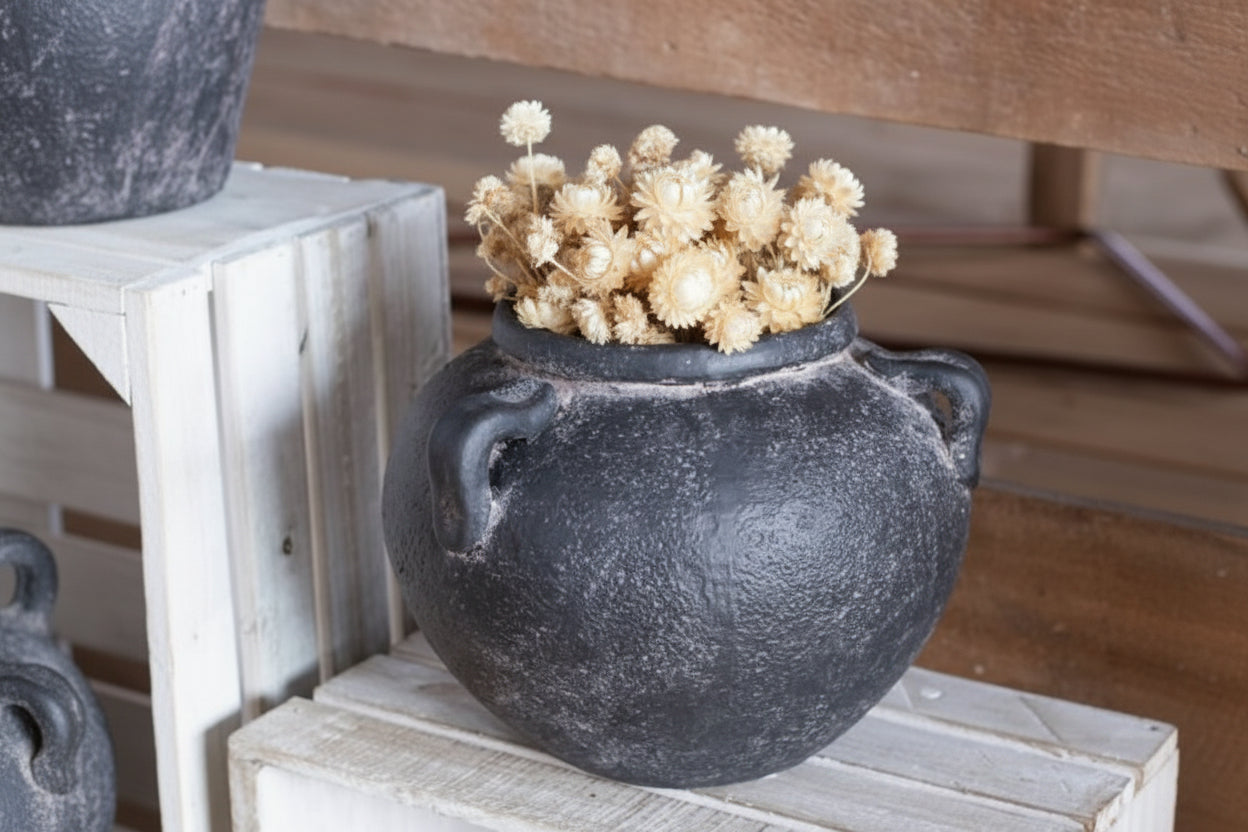 Black Low Round Terracotta Vase w/ Handles