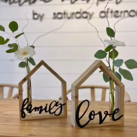 Wood House with Metal Lettering and Test Tube Flower Holder