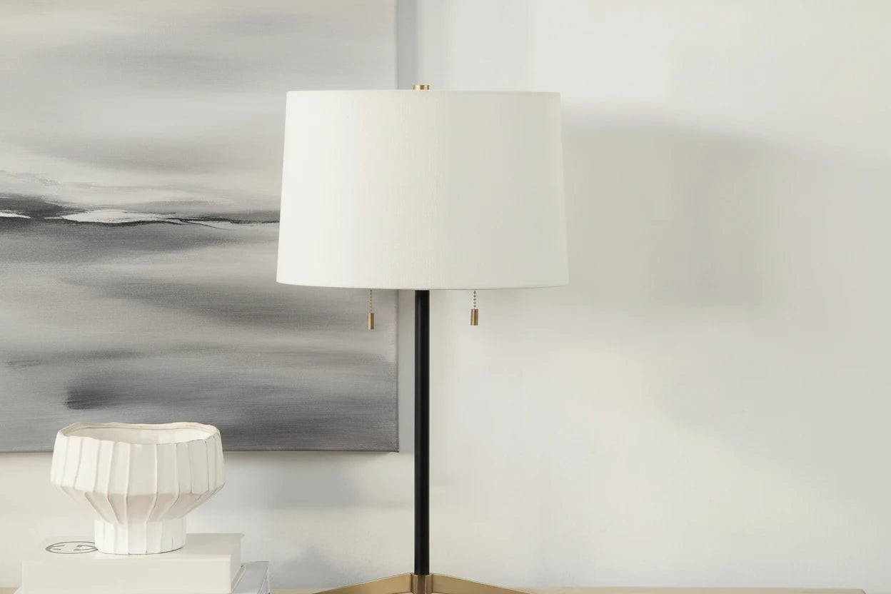 Orono lamp Iron Powder coated matte black finish Iron Gold finish Ivory linen shade