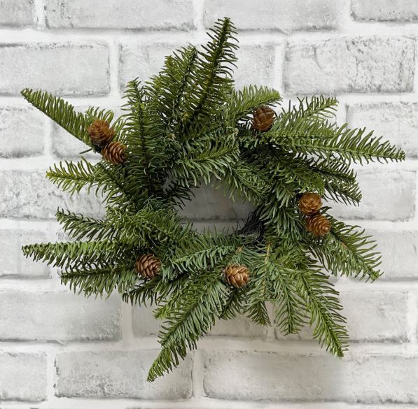 FRESH TOUCH BALSAM FIR CANDLE RING WITH NATURAL PINE CONES ON BACKING, 3.5" IN DIM, 11" OUT DIM,