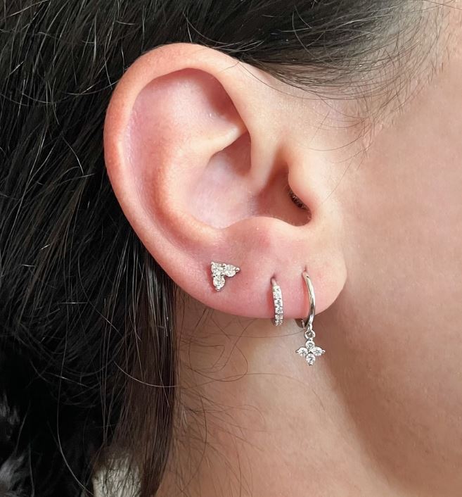 Sterling Silver Clover Earring Set - Diamond Stud, Hoops, and Dangle