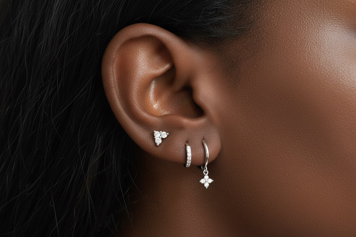Sterling Silver Clover Earring Set - Diamond Stud, Hoops, and Dangle