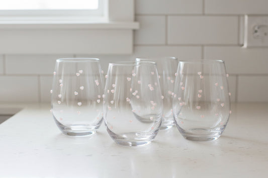 Stemless Wine Glass w/ Pink Hearts 18oz