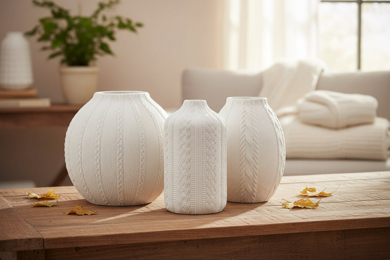 Knit and Cabled Vase - Slim White