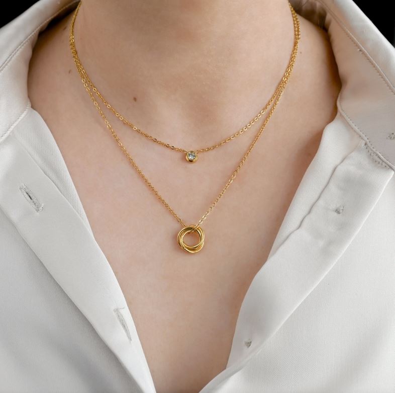 Circle and Bezel Necklace - Layered Bezel Diamond Pendant Gold