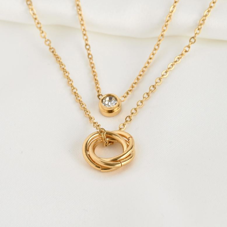 Circle and Bezel Necklace - Layered Bezel Diamond Pendant Gold