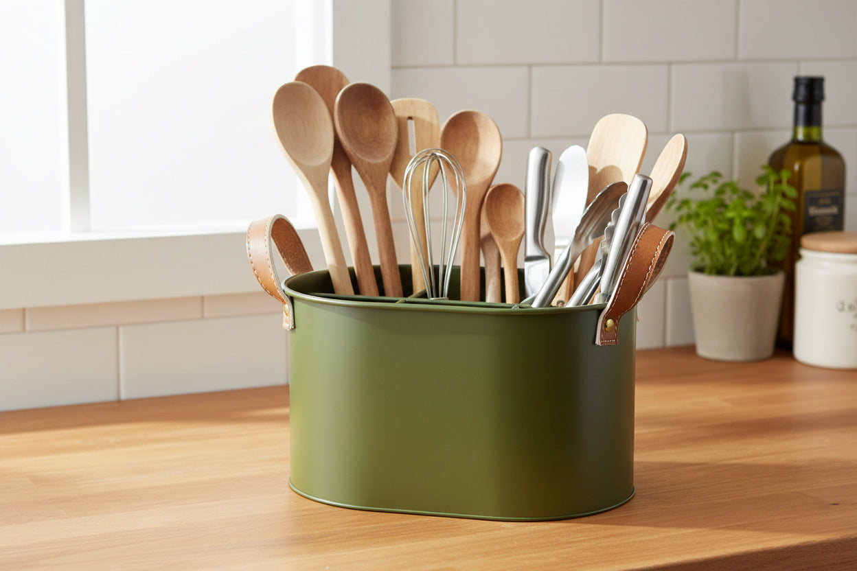 Oval Metal Divided Caddy- Dark Green