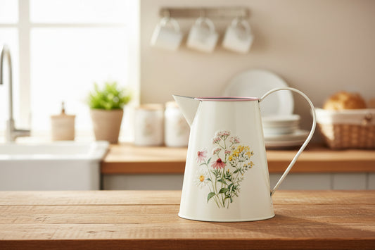 METAL PITCHER WITH FLORAL EMBOSS DESIGN