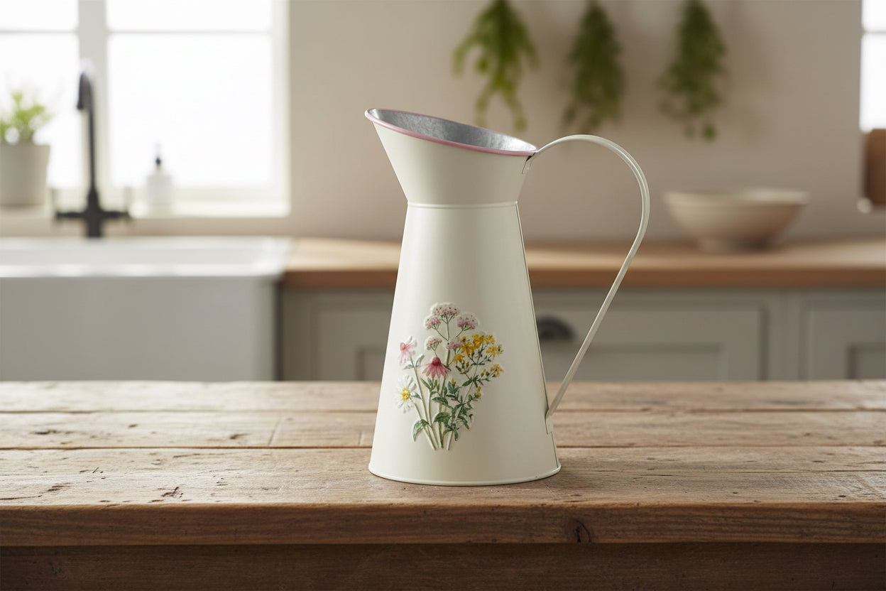 METAL PITCHER WITH FLORAL EMBOSS DESIGN