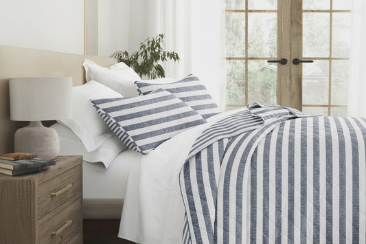 Classic Stripe Patterned Quilted Coverlet Set 3PC - Dusk Blue