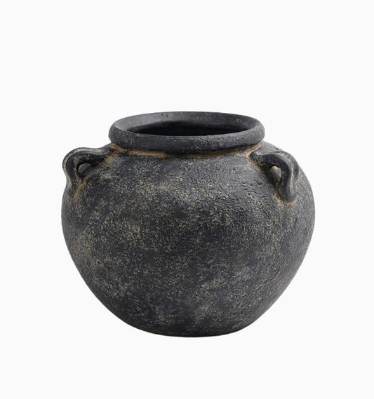 Black Low Round Terracotta Vase w/ Handles