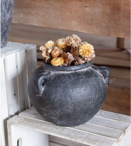 Black Low Round Terracotta Vase w/ Handles