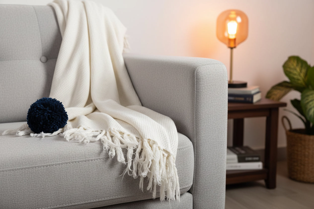 Cotton Waffle Weave Throw with Fringes 50" X 65"