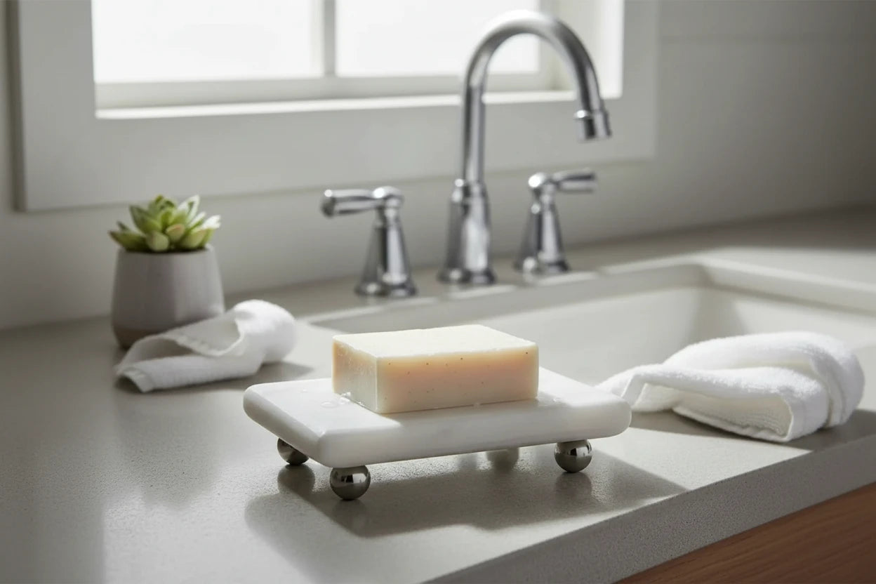 Maeve White Marble Rectangular Soap Dish w/ Feet