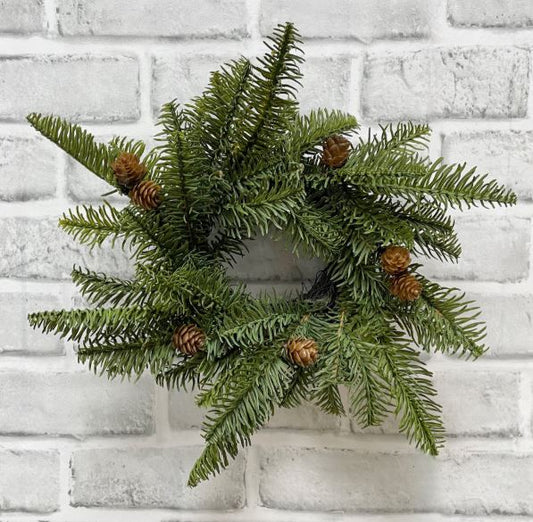 FRESH TOUCH BALSAM FIR CANDLE RING WITH NATURAL PINE CONES ON BACKING, 3.5" IN DIM, 11" OUT DIM,