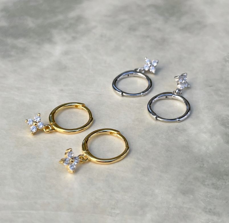 Sterling Silver Clover Earring Set - Diamond Stud, Hoops, and Dangle