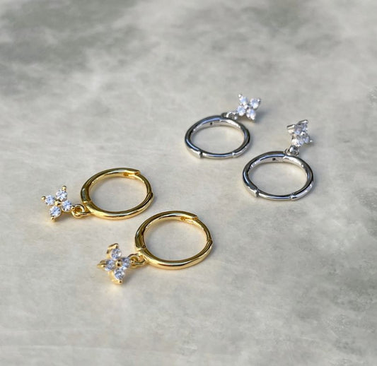 Sterling Silver Clover Earring Set - Diamond Stud, Hoops, and Dangle